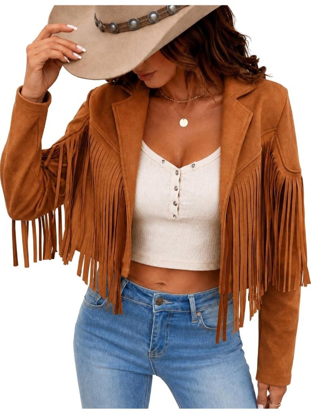 Women's Tan Suede Leather Tassel Jackets With Lining Cropped Fringe 80s Coats